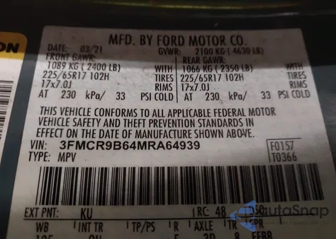 2021 Ford Bronco Sport Big Bend из США, поврежденный, VIN 3FMCR9B64MRA64939